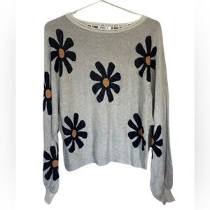 Daisy Novelty‎ Print Cozy Sweater Long Sleeve Top with Balloon Sleeves Size L
